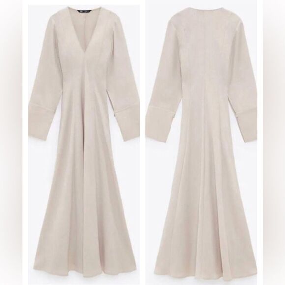 NWT ZARA Bloggers Fav Voluminous V-Neck Cream Midi Women's Dress (Size S) - Picture 4 of 10